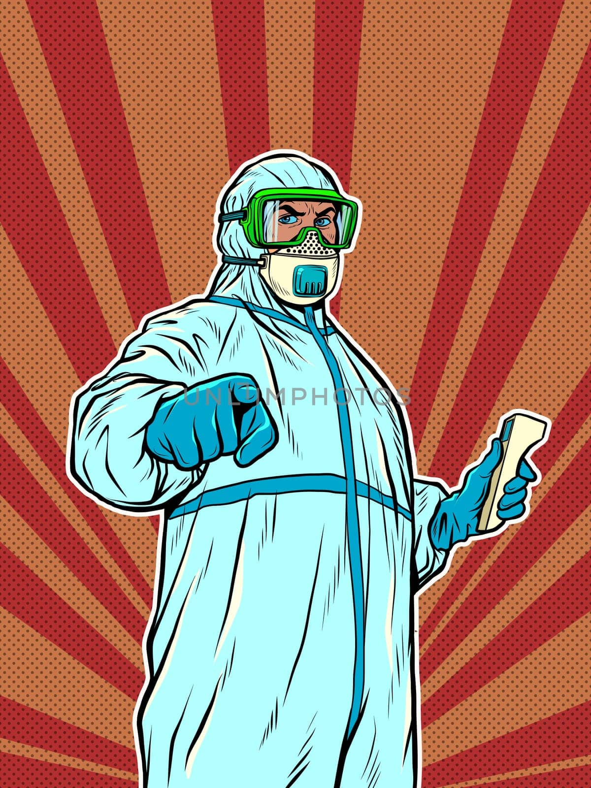 A doctor in a full protection suit with a thermometer. Epidemic coronavirus covid19. Pop art retro vector illustration 50s 60s style