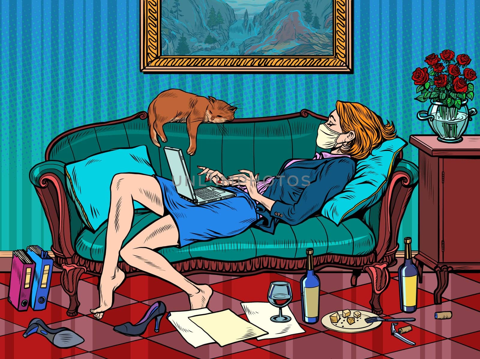woman in a medical mask. work at home during an epidemic. Pop art retro vector illustration kitsch vintage 50s 60s style