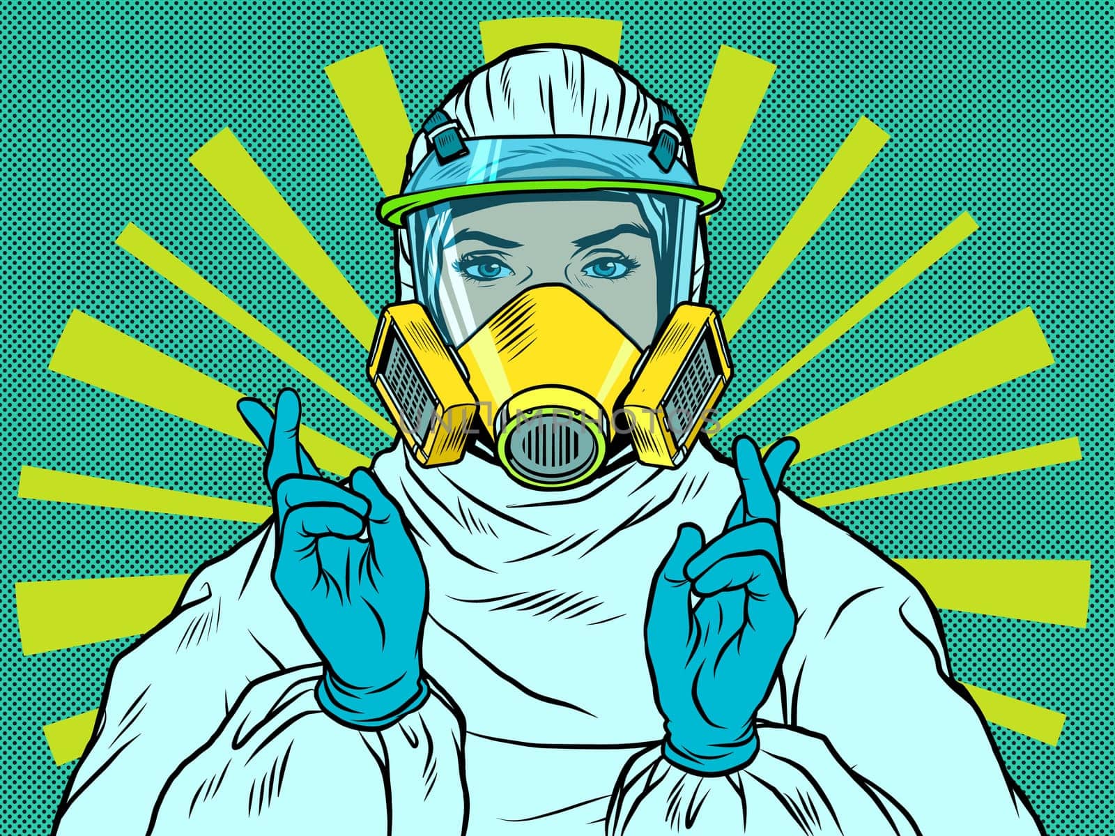 Female doctor in a protective suit. Gesture lies fingers cross-stitch. Pop art retro vector illustration 50s 60s style