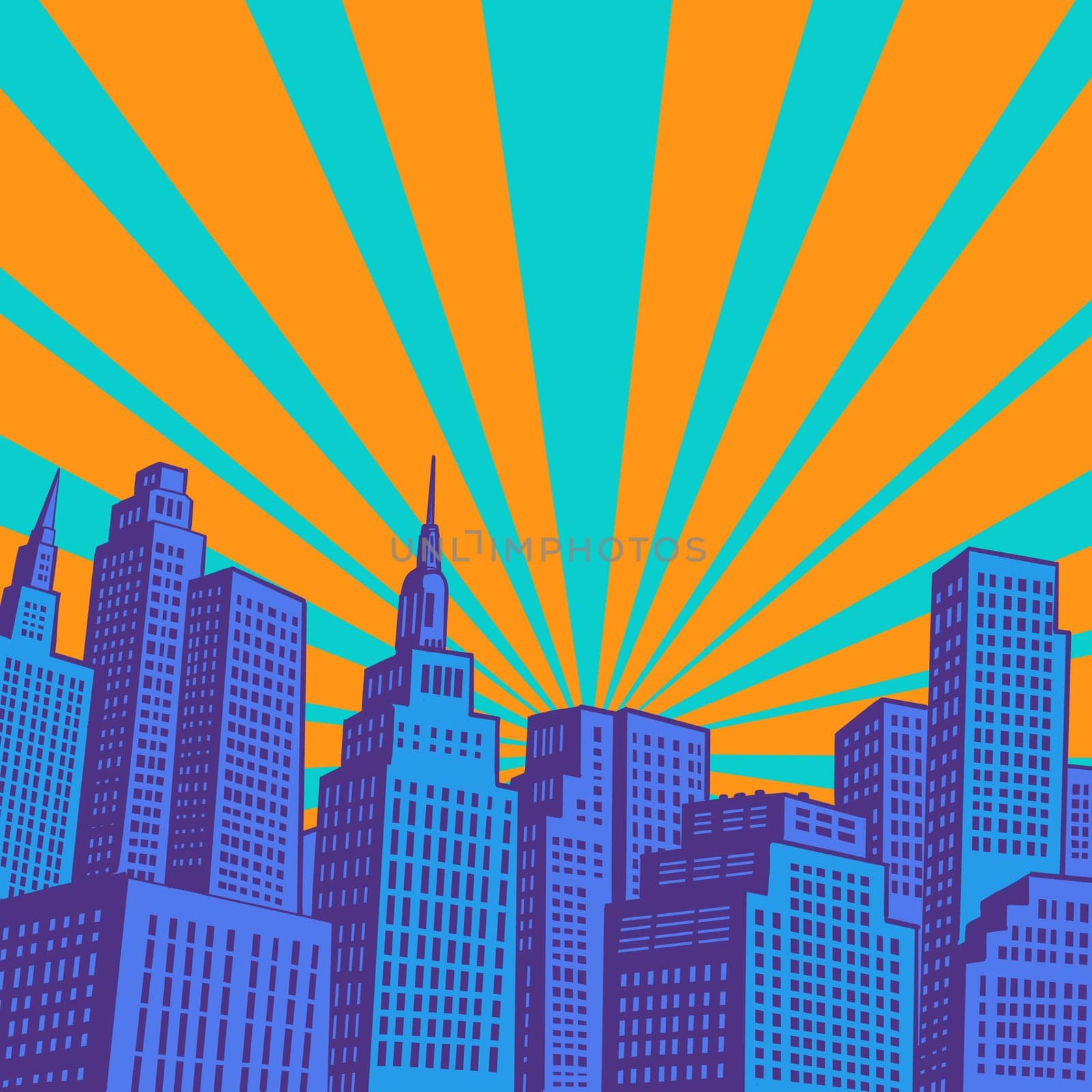 Modern city skyscrapers. Pop art retro vector illustration 50s 60s style