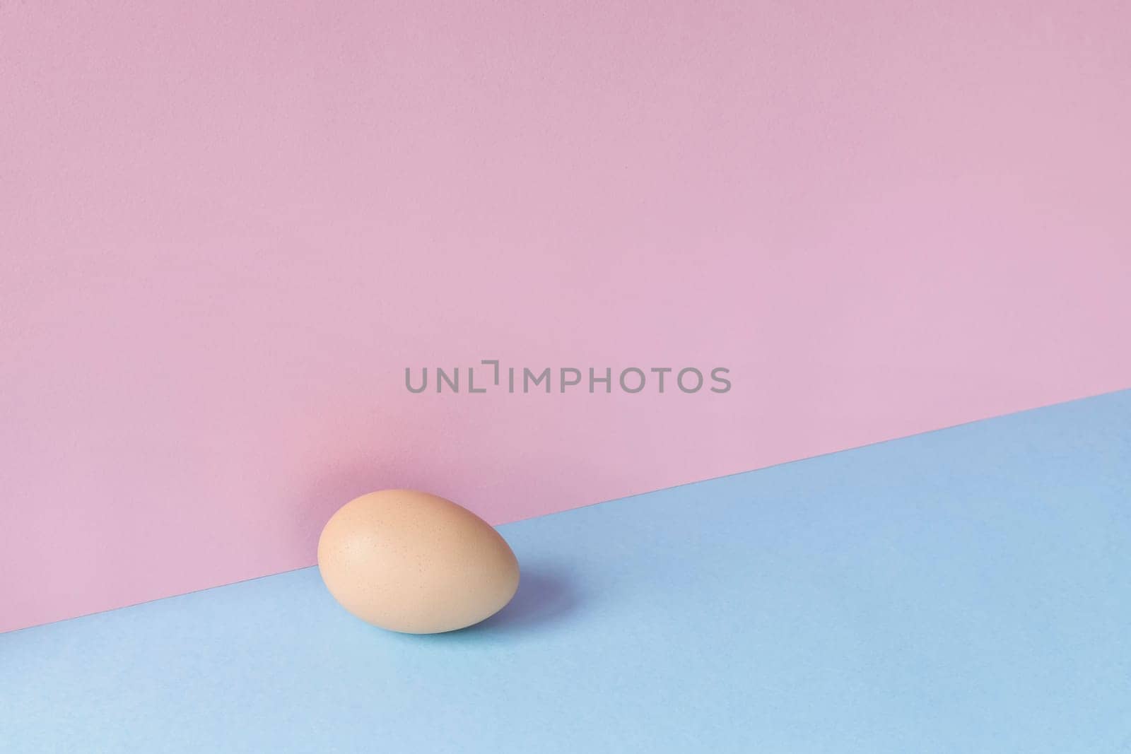 Minimalist image of a brown egg on a light blue and pink background. Copy space available.