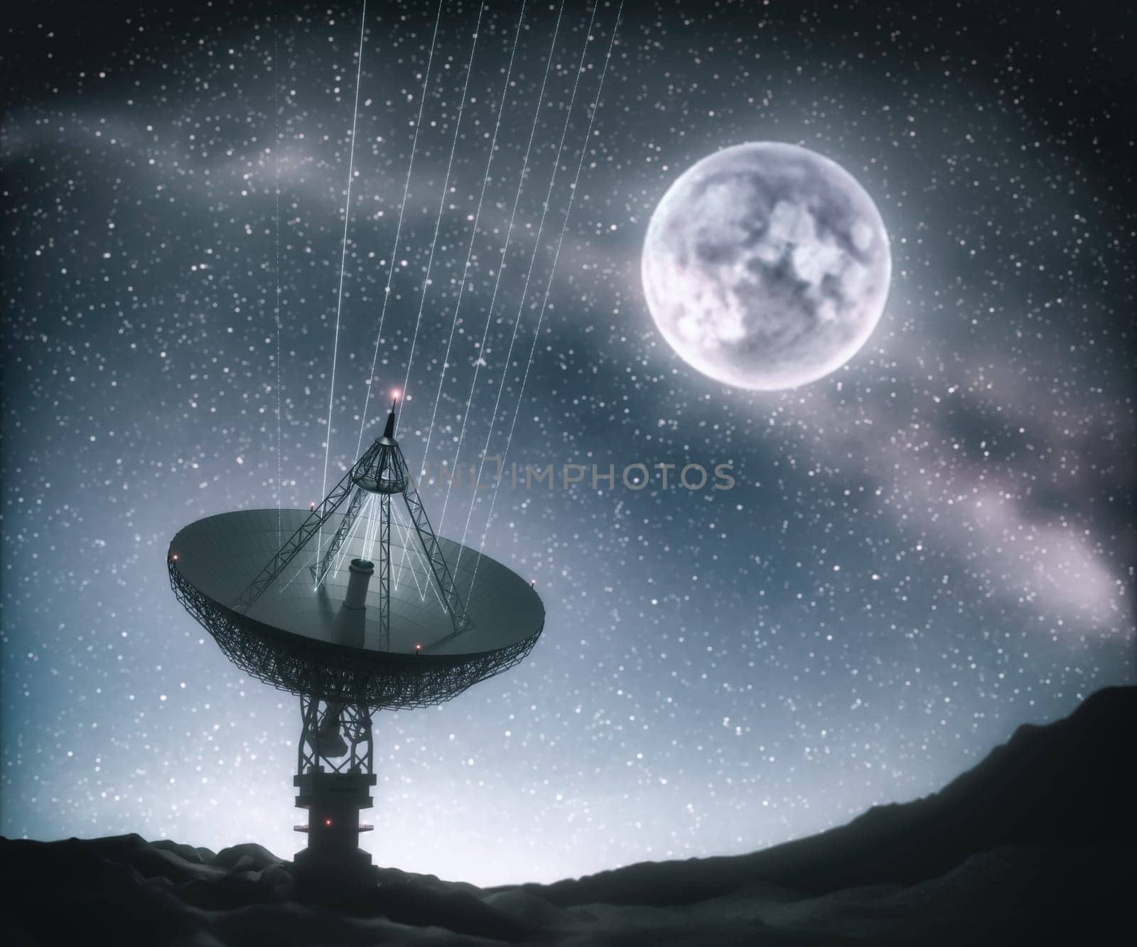 Huge satellite antenna dish for communication and signal reception out of the planet Earth. Observatory searching for radio signal. 3D illustration.