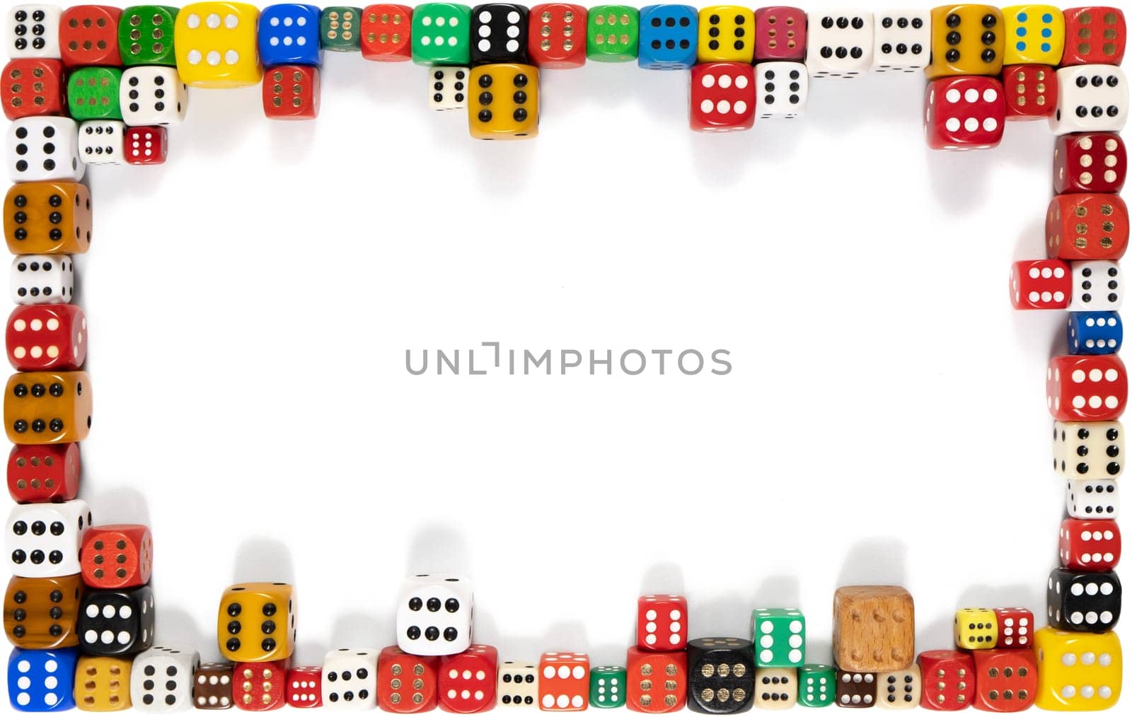 Frame of variously colored dice on white with the number six upwards symbolizing the concept of success in the things of life that surrounds us, smaller or larger. Great success from smaller successes