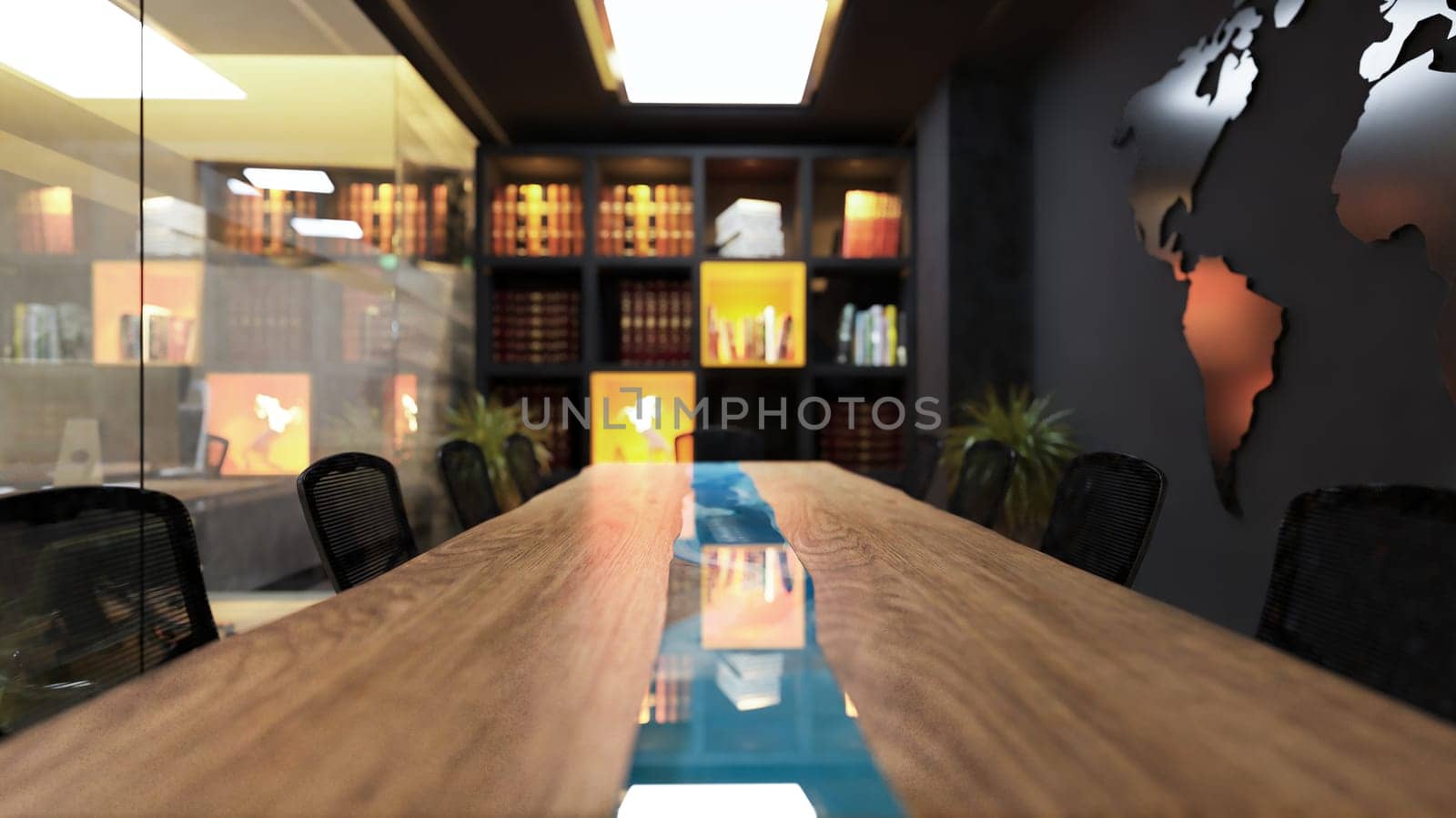 Modern meeting room in office with acrylic wooden table and book shelf realistic interior design idea 3D rendering