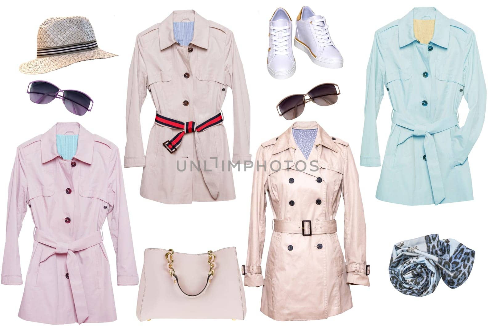 Collage woman clothes. Set of four luxurious and stylish elegant female trendy bright trench coats, sneaker, handbag and accessories isolated on a white background. Spring and summer fashion.