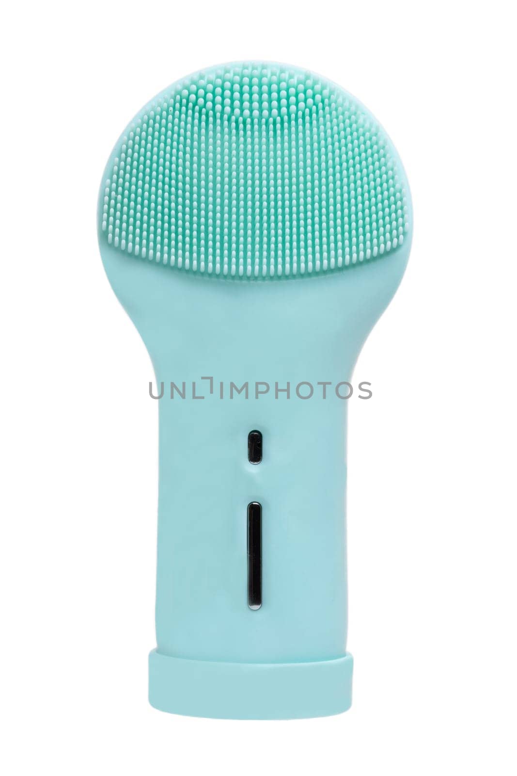 Beauty and skin care concept. Close-up of a modern blue turquoise, electrically rechargeable silicone brush for facial cleansing with massage vibration isolated on a white background. Macro photography.