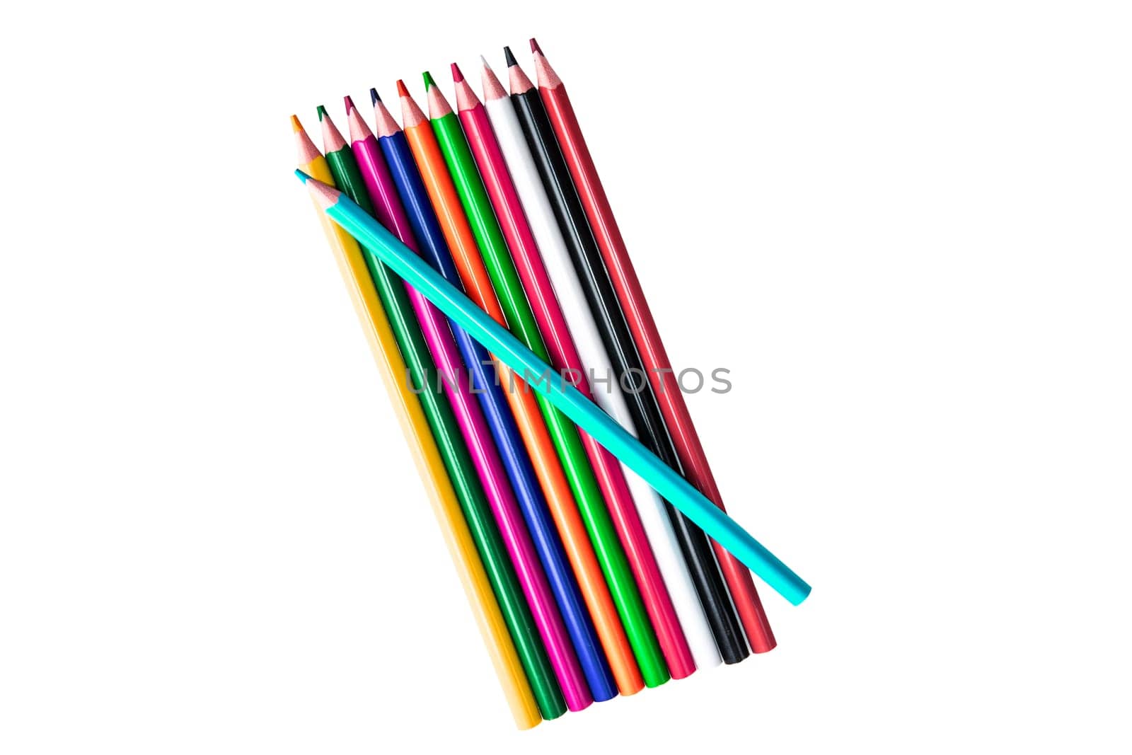 Colorful pencils or wooden crayons arranged in a row are isolated on a white background. Back to school and education concept.