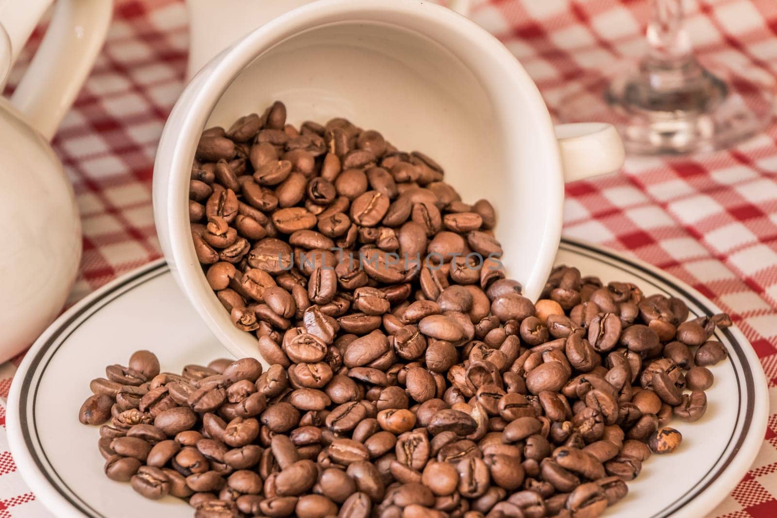 Fresh gourmet flavor aroma. Delicious fair trade cafe cappuccino or espresso ingredient. The bean bunch was fallen over at breakfast.