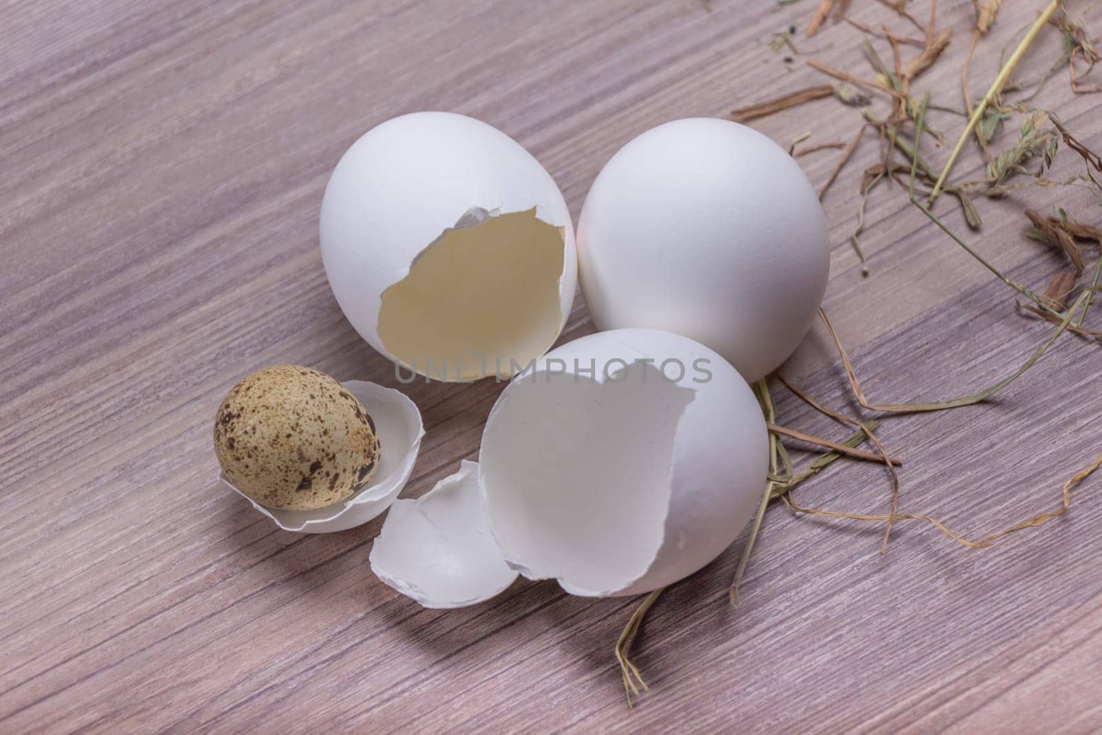 Happy easter basket decoration scene. Traditional handmade easternest deco with straw and white egg for festive holiday celebration.
