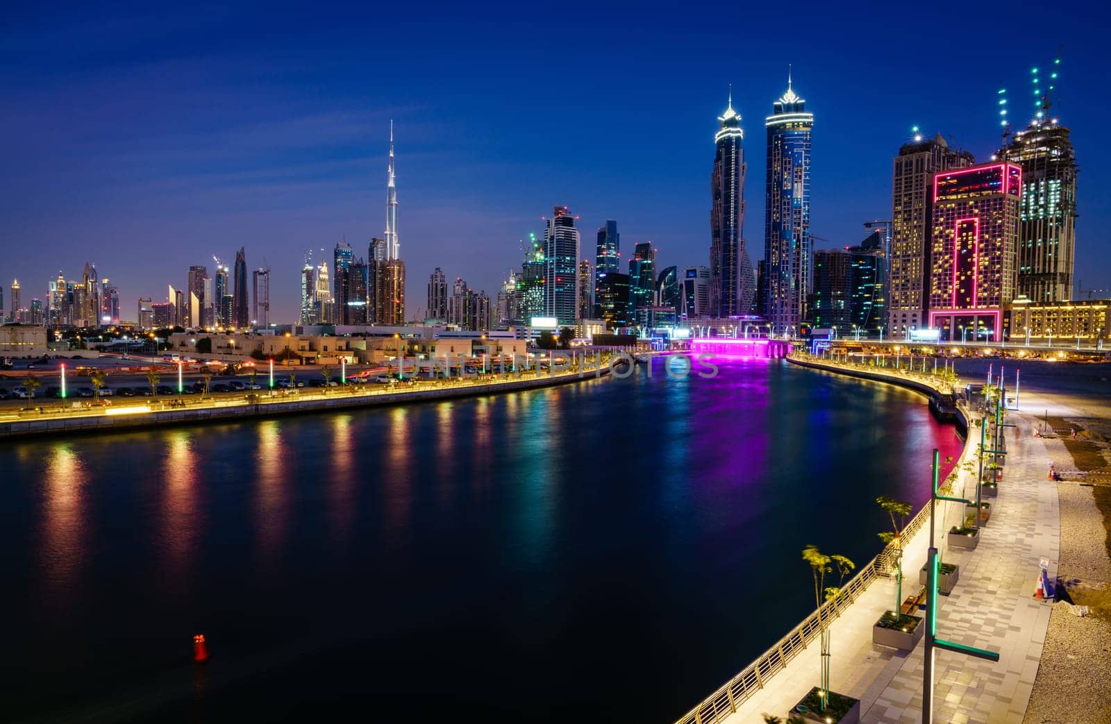 Scenic view of skyline of Dubai's downtown after sunset
