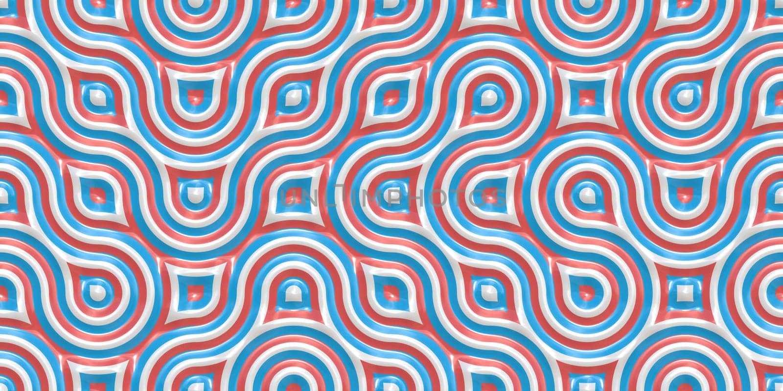 White Red Blue Seamless Truchet Tilling Background. Geometric Mosaic Connections Texture. Tile Circles Labyrinth Backdrop.