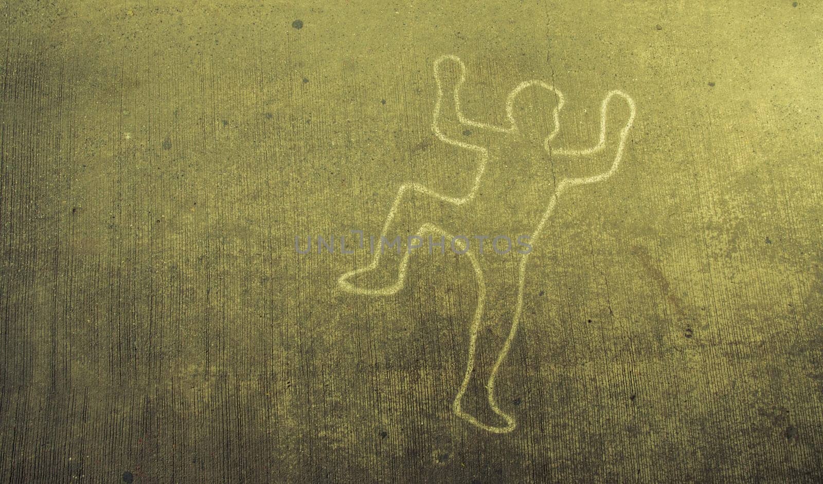 Crime scene chalk line of an auto accident with tire skid marks leading over the body.vintage tone