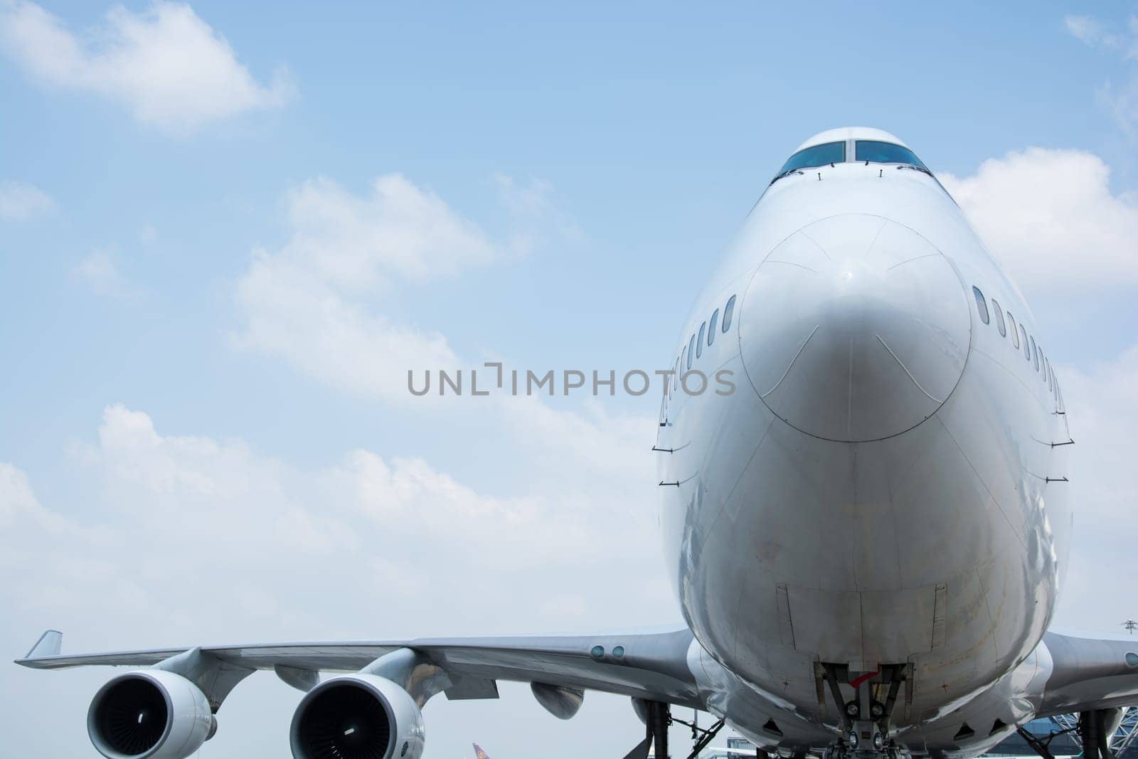 Passenger planes at the airport shoot on the bus