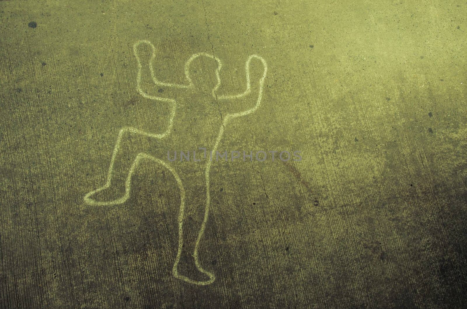 Crime scene chalk line of an auto accident with tire skid marks leading over the body.vintage tone