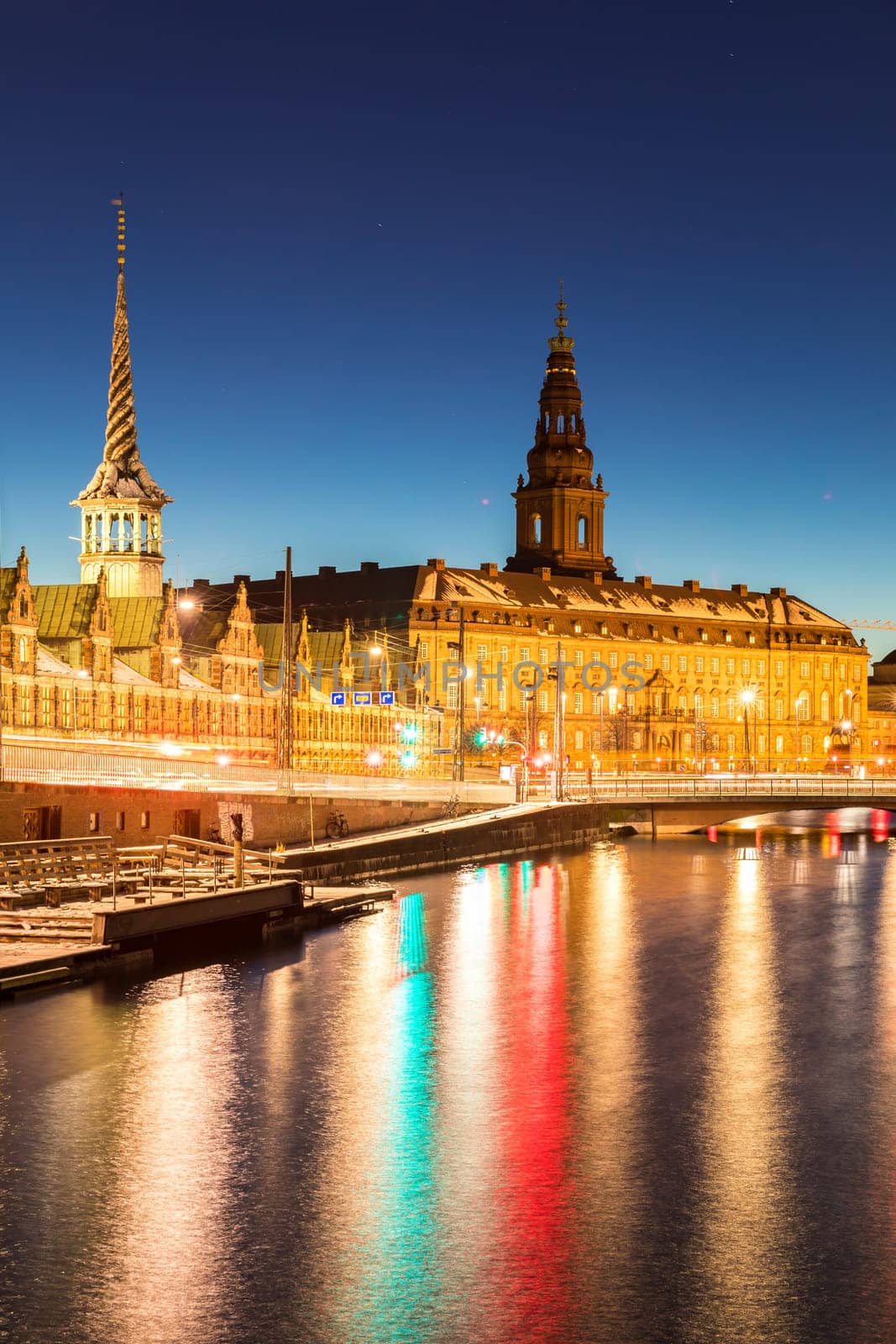 Copenhagen Cityscape with skyline skyscraper building downtown city at sunset twilight night Denmark Scandinavia in Europe. Landmark city life and nightlife concept.