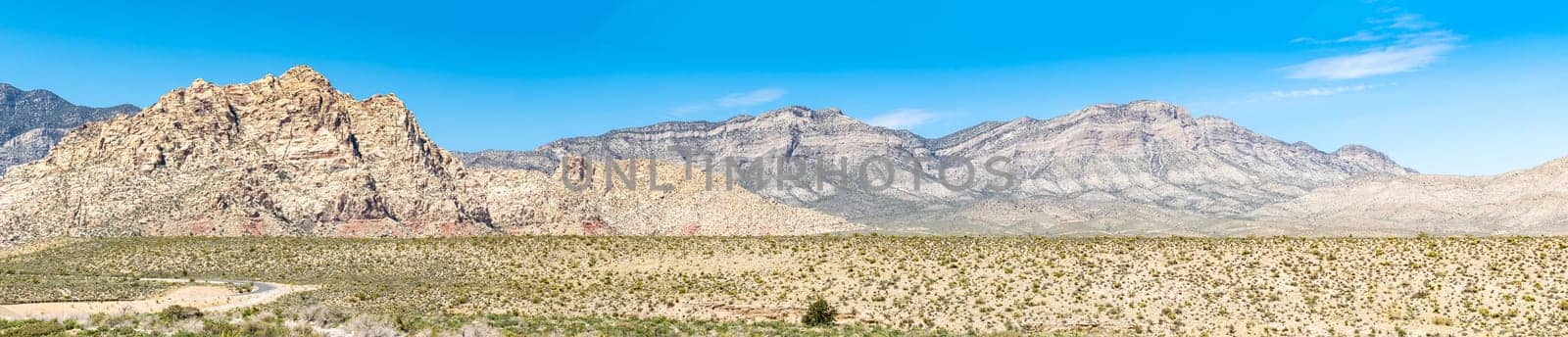 Panoramic of desert Landscape of Red Rock Canyon National Conservation recreation Area in Las Vegas Nevada United States. USA landmark national park nature landscape travel and tourism concept.