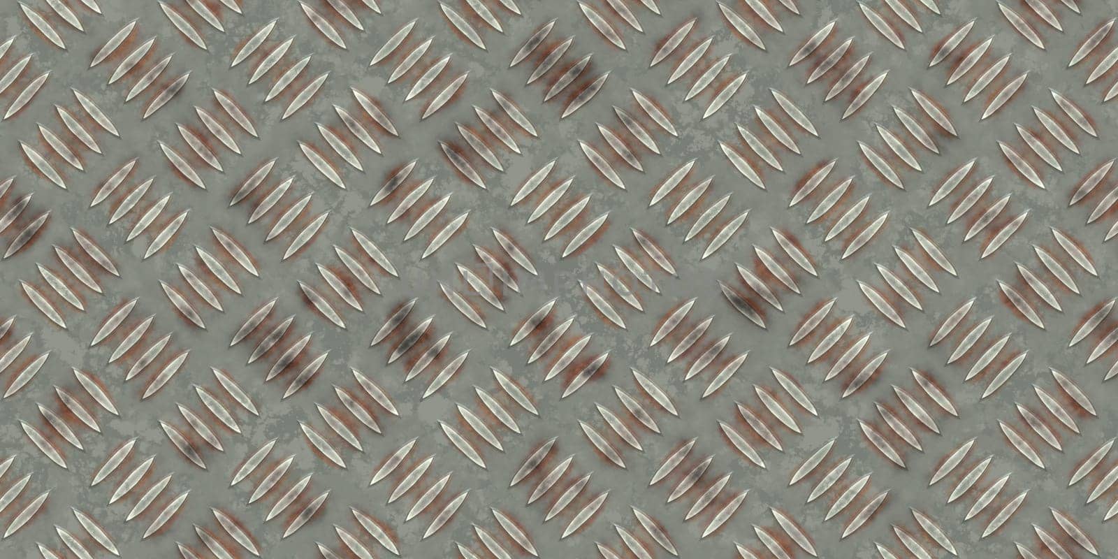 Seamless rusty military metallic diamond plate pattern surface. Dirty steel floor pattern texture.