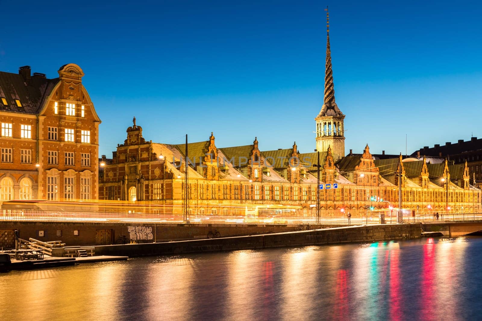Copenhagen Cityscape with skyline skyscraper building downtown city at sunset twilight night Denmark Scandinavia in Europe. Landmark city life and nightlife concept.