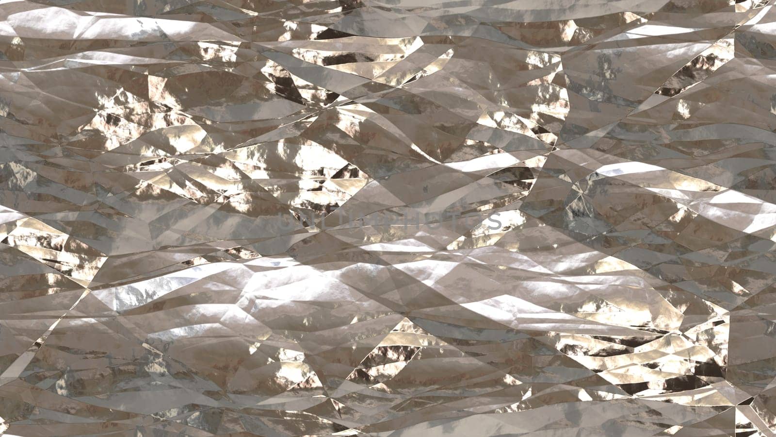 Light beige shiny crumpled metallic foil seamless background texture surface.