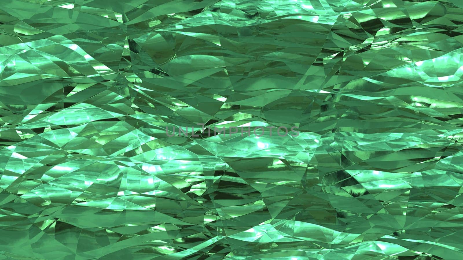 Green shiny crumpled metallic foil seamless background texture surface.