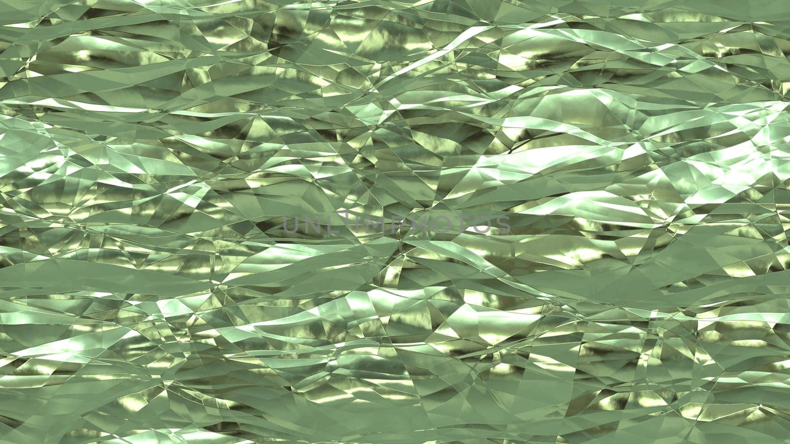 Pistachio shiny crumpled metallic foil seamless background texture surface.