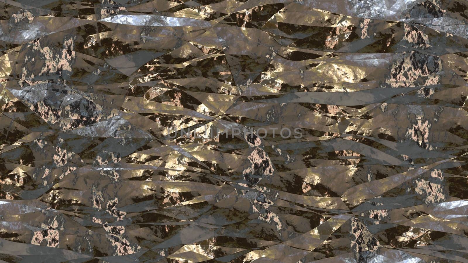 Dark shiny crumpled metallic foil seamless background texture surface.