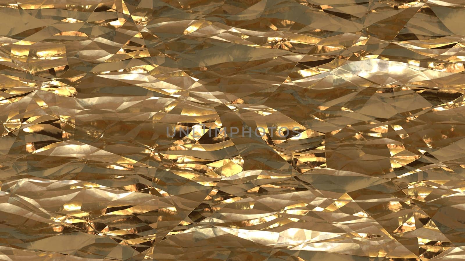 Gold shiny crumpled metallic foil seamless background texture surface.