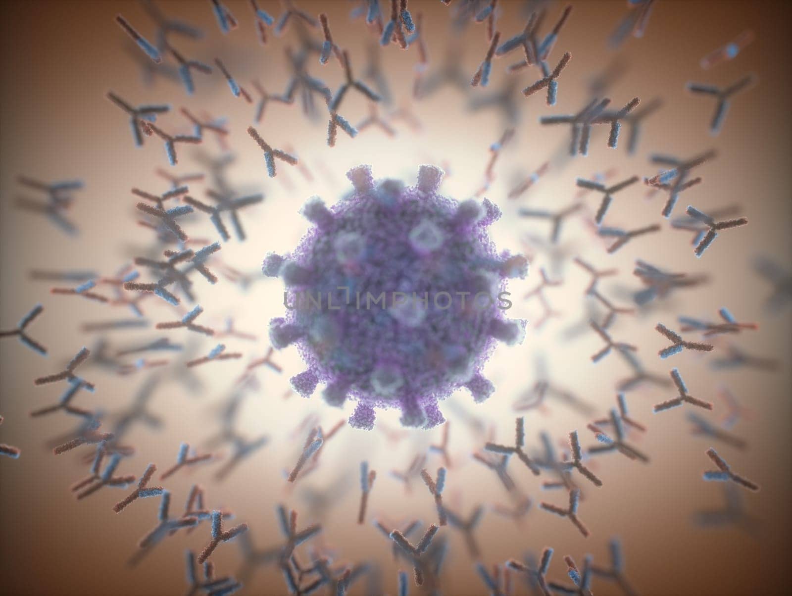 Immunological system, antibodies attacking the virus covid-19. 3D illustration, concept of the body's defense system. Y-shaped antibody attacking the coronavirus.