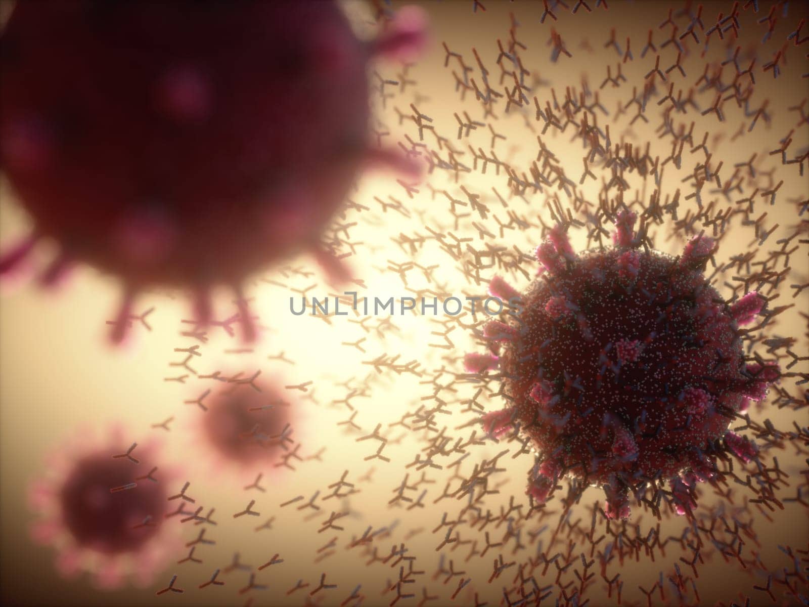 Immunological system, antibodies attacking the virus covid-19. 3D illustration, concept of the body's defense system. Y-shaped antibody attacking the coronavirus.