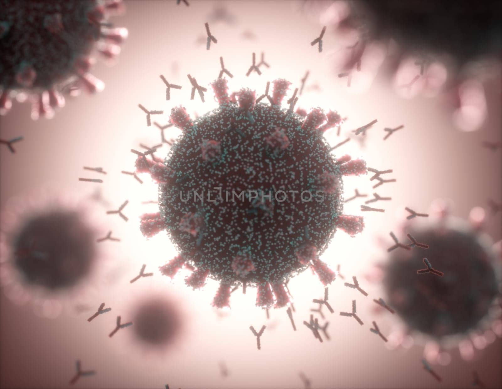 Immunological system, antibodies attacking the virus covid-19. 3D illustration, concept of the body's defense system. Y-shaped antibody attacking the coronavirus.