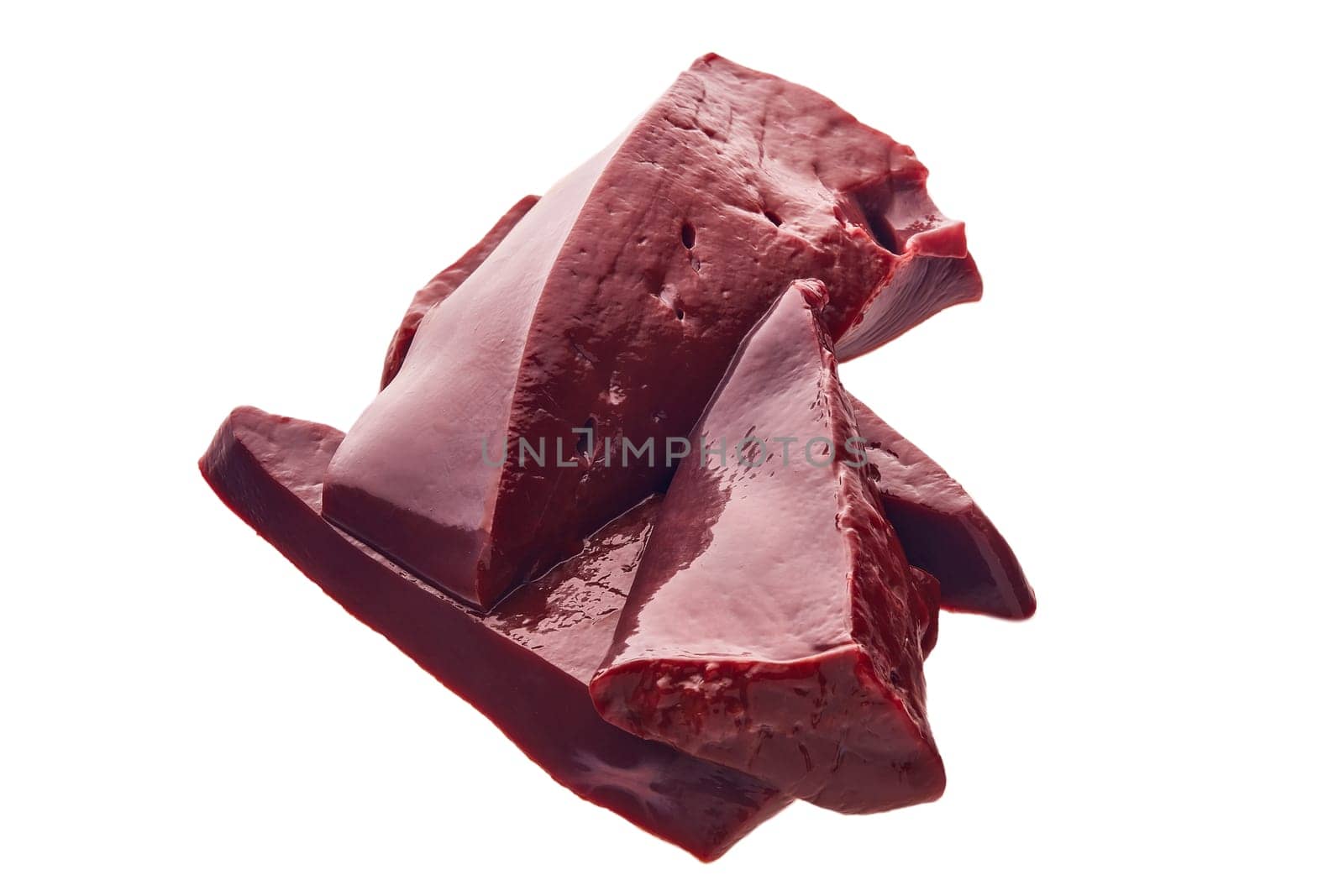 Raw slices of beef livers isolated on a white background