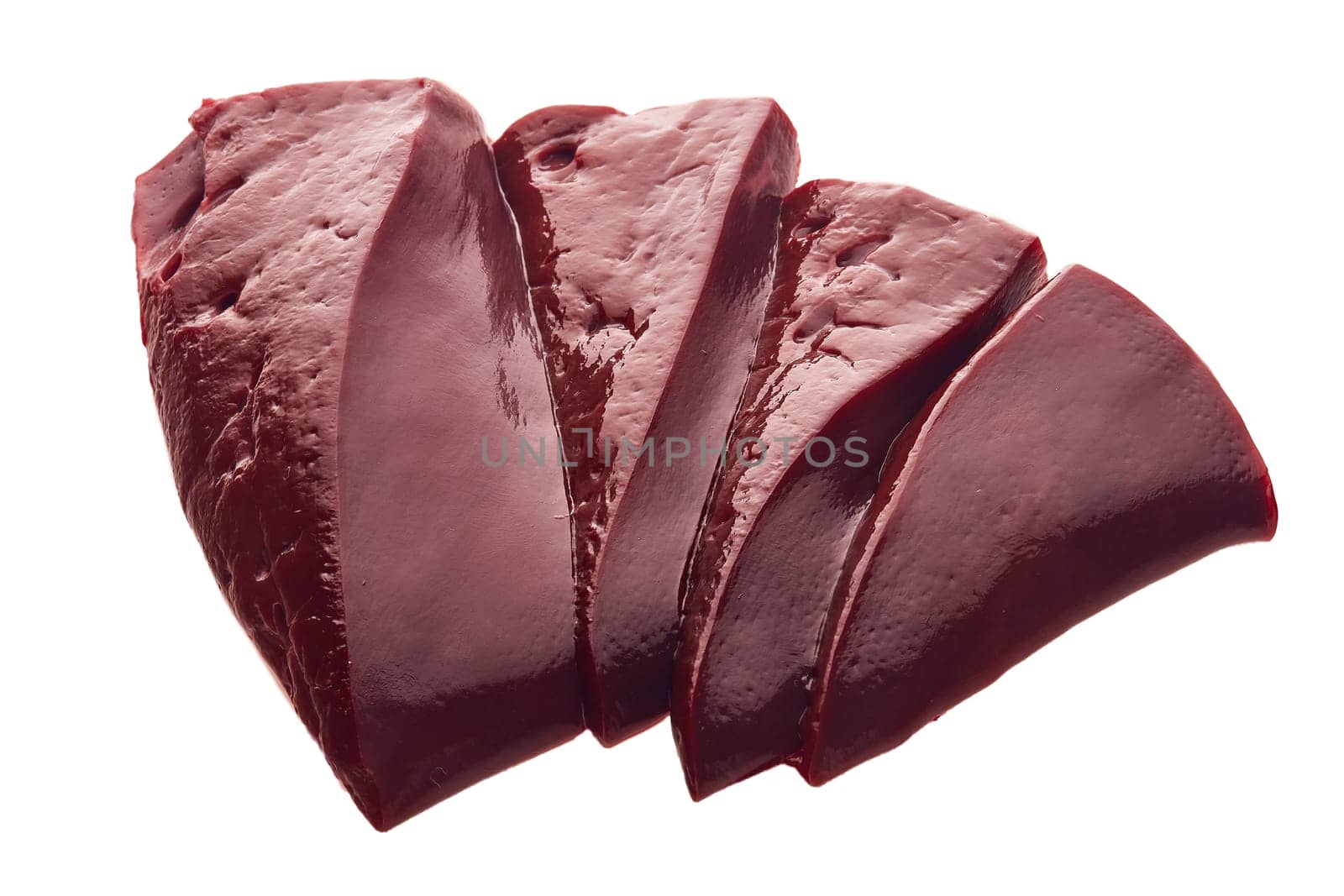 Raw slices of beef livers isolated on a white background