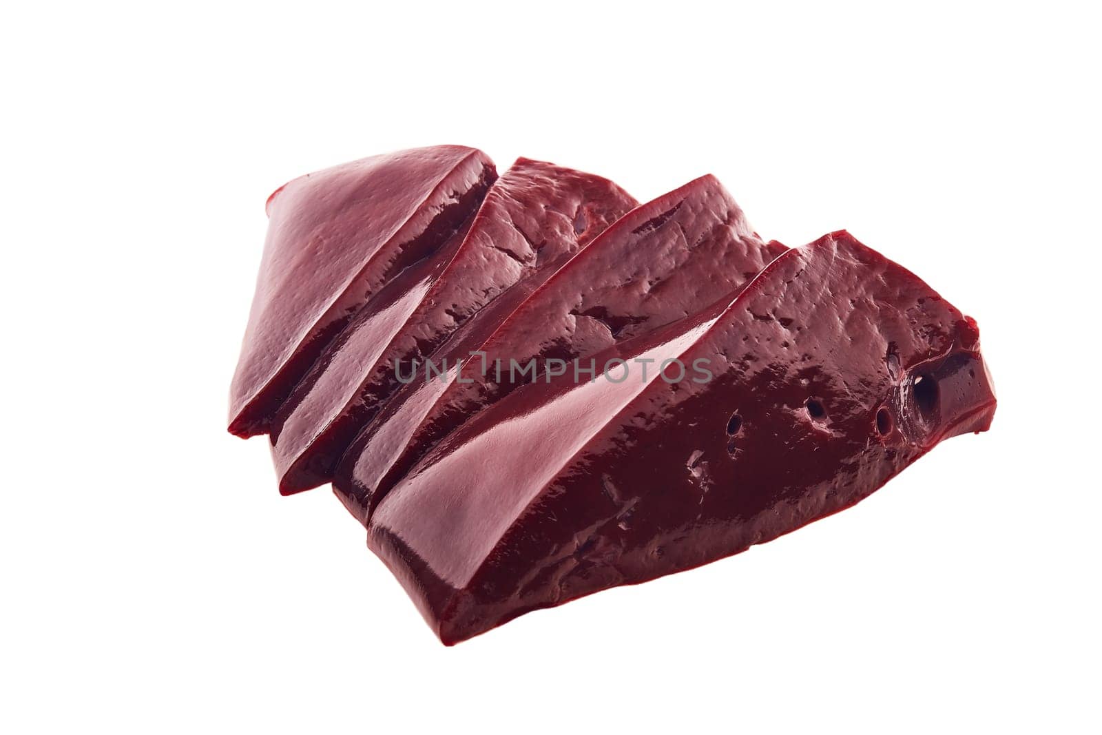 Raw slices of beef livers isolated on a white background