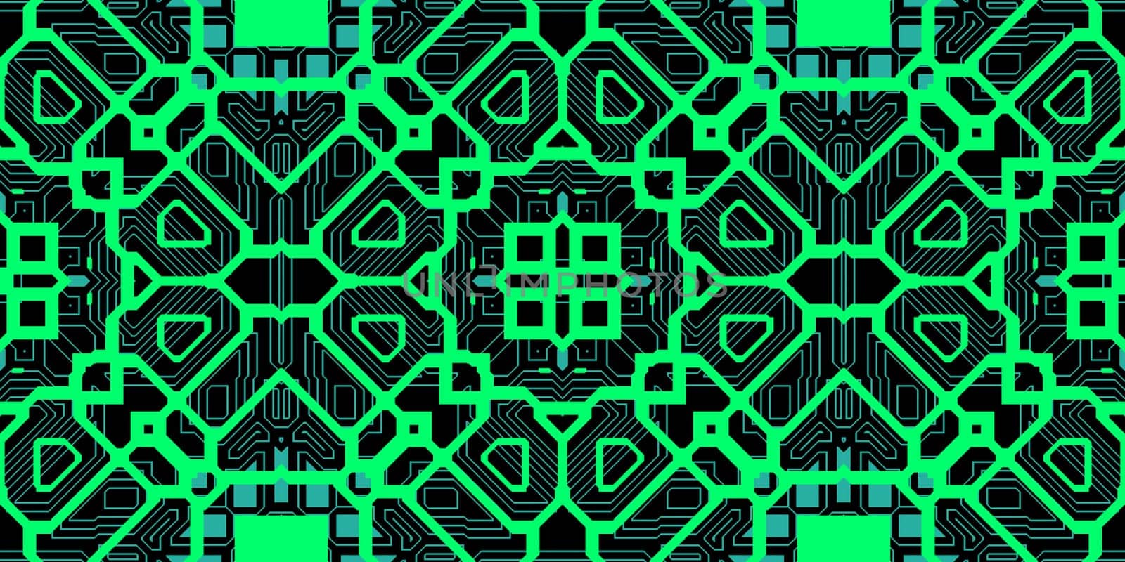 Green Blue Seamless Techno Lines Pattern. Futuristic Geometry Background. Laser Technical Design Texture.