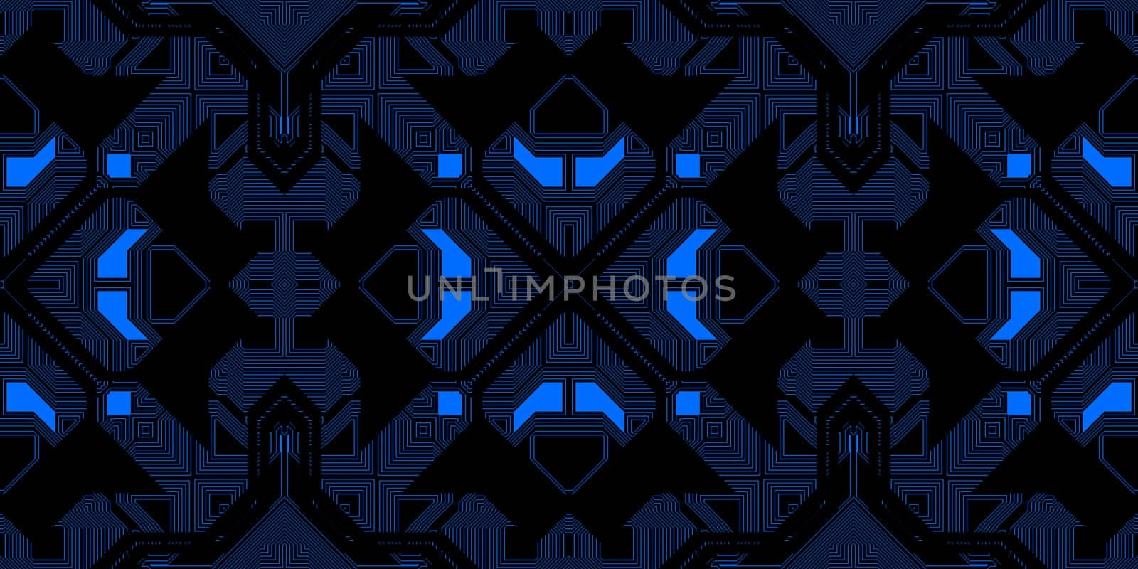 Dark Blue Neon Seamless Techno Lines Pattern. Futuristic Geometry Background. Laser Technical Design Texture.