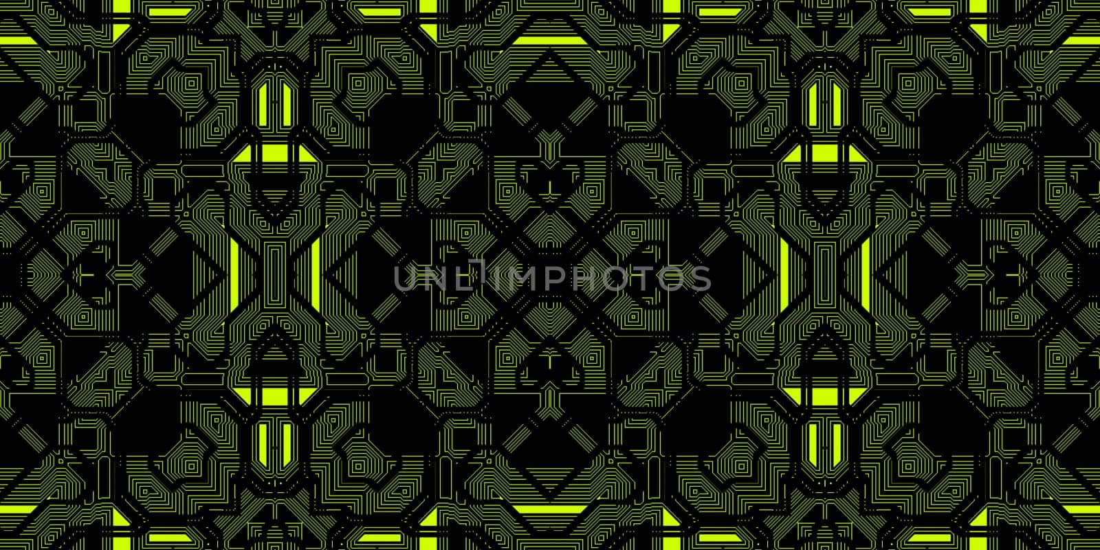 Black Yellow Seamless Techno Lines Pattern. Futuristic Geometry Background. Laser Technical Design Texture.