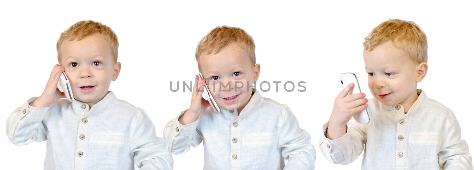 baby using a smartphone isolated on the white background