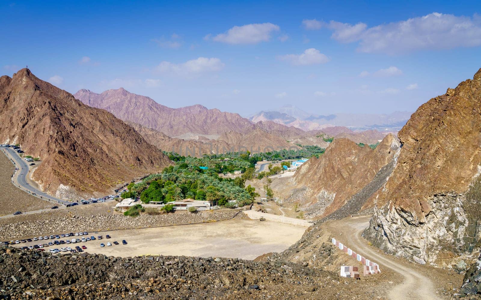 High angle view of an oasis near Hatta Dam in the Emirate of Dubai, UAE