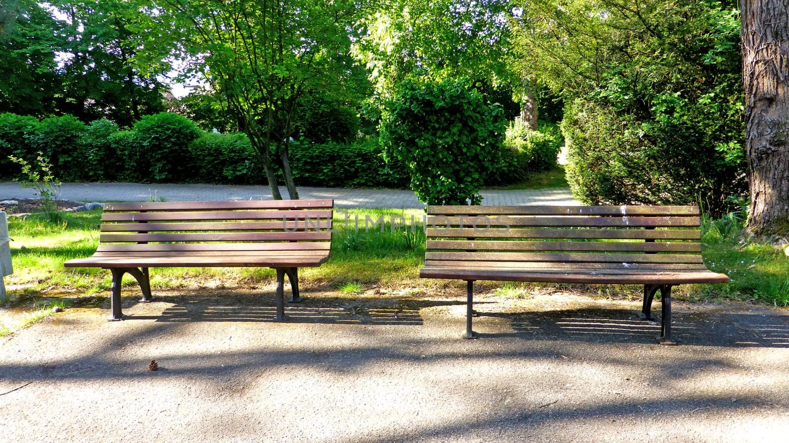 empty park benches with sun and shadow