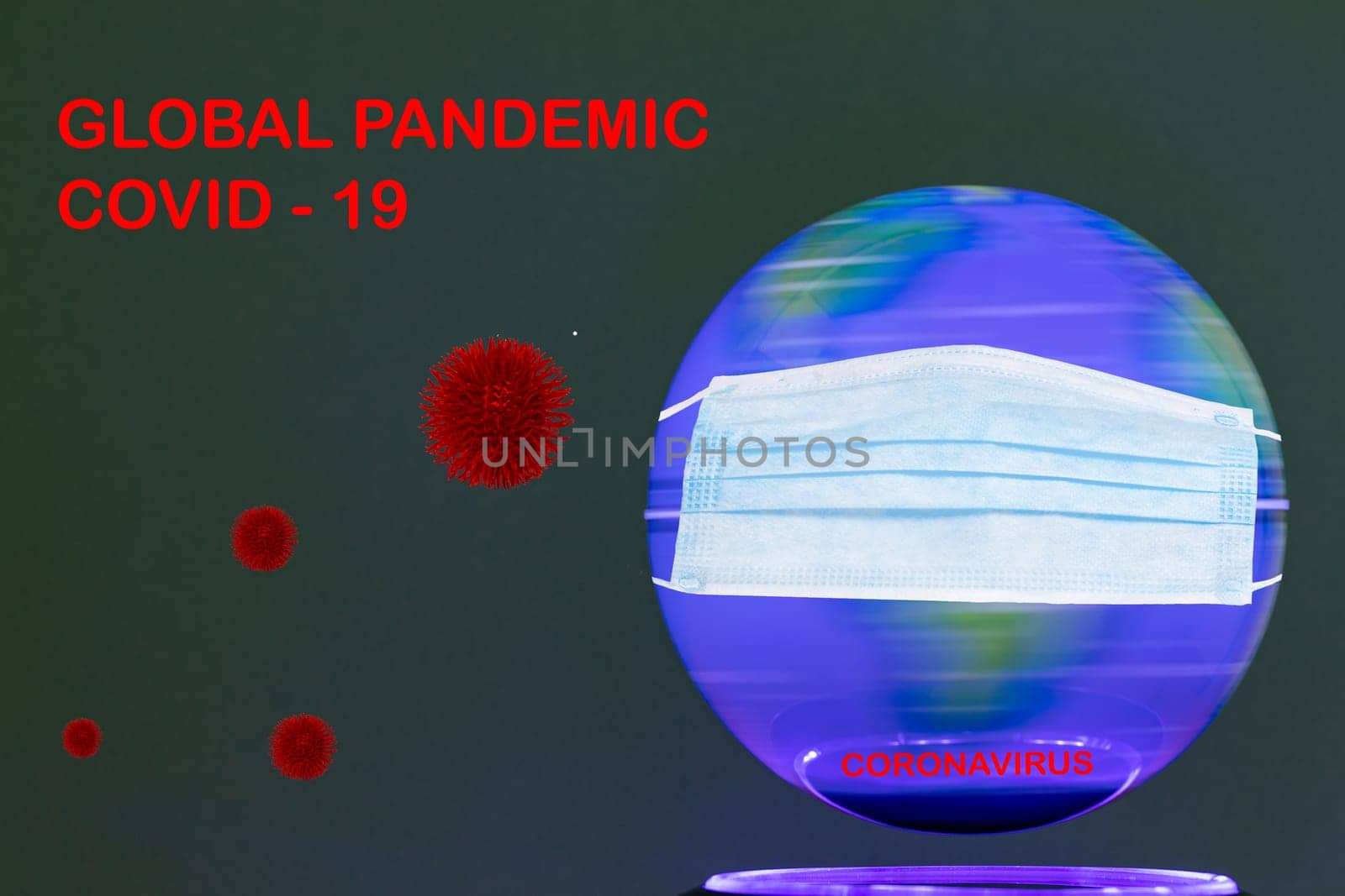 Global pandemic concept. 3D illustration of an colorful from inside illuminated spinning terrestrial globe earth with mask and an inscription Global pandemic covid and abstract models of a novel strain of the corona virus COVID-19 on dark background.