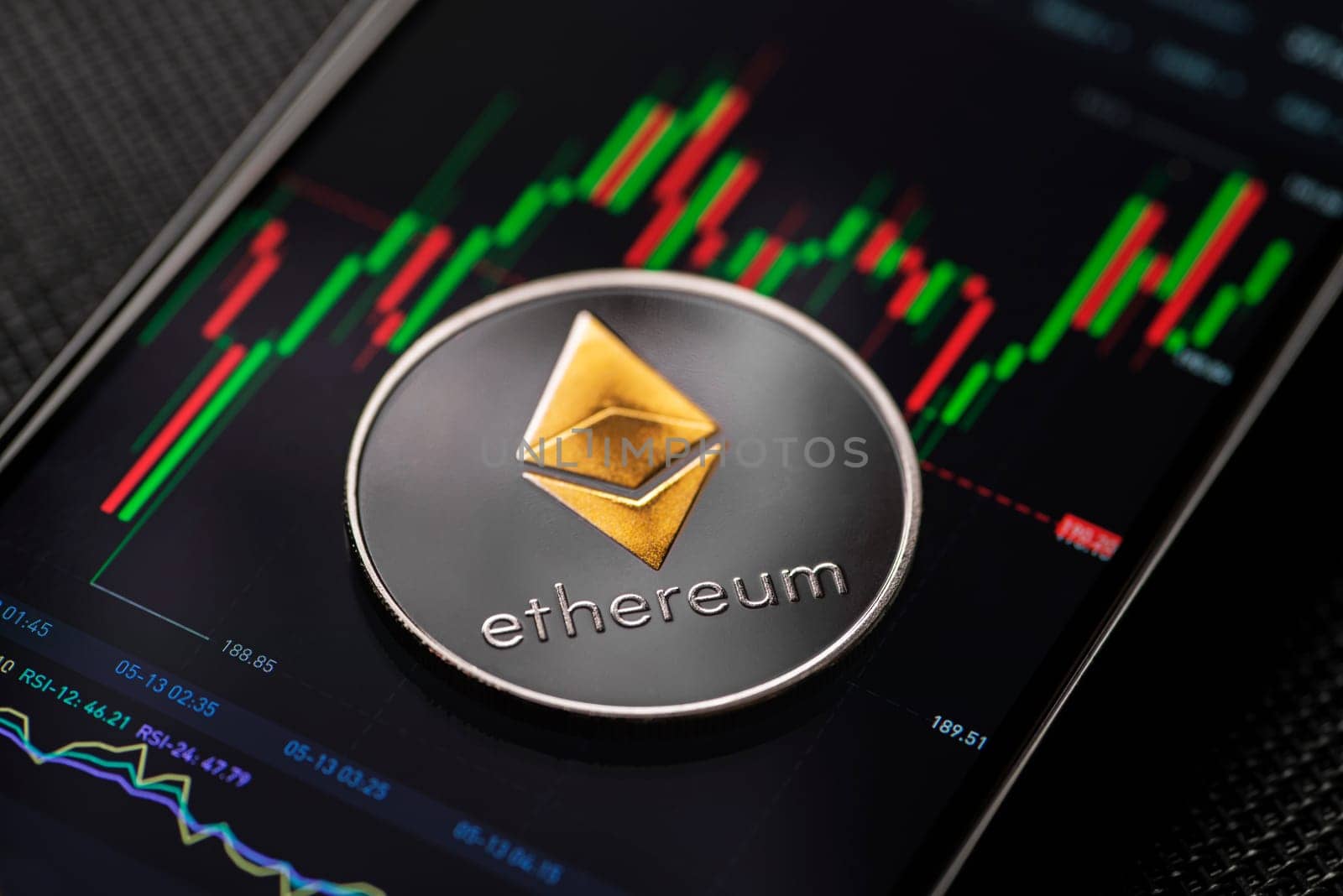 Ethereum cryptocurrency trading on smartphone close up