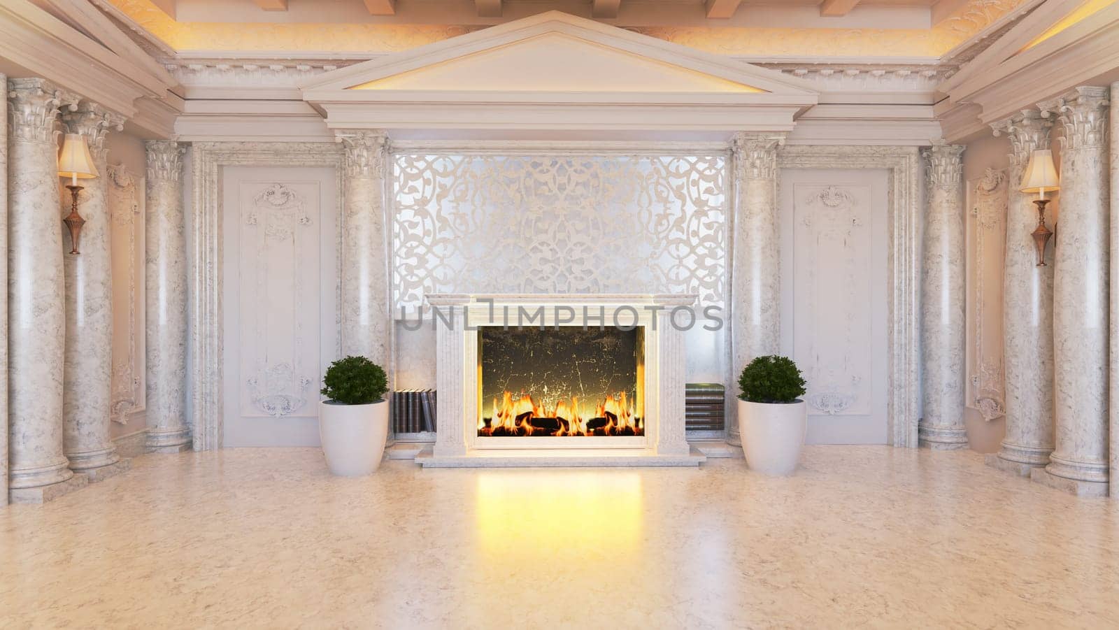 White baroque and classic interior design idea with fireplace and plant, white marble floor and column realistic 3D rendering