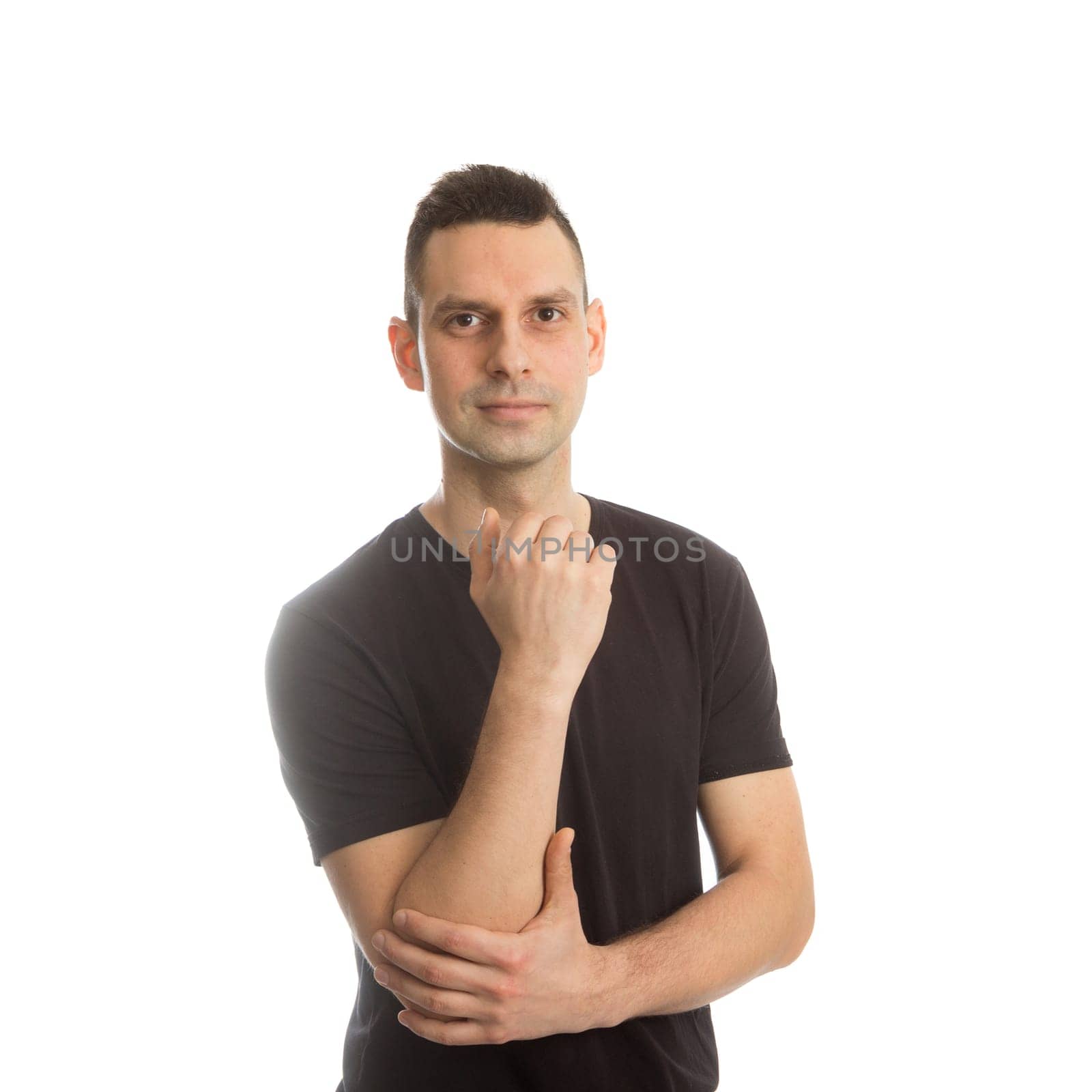 Portrait of a handsome young man thinking on something, isolated on white background