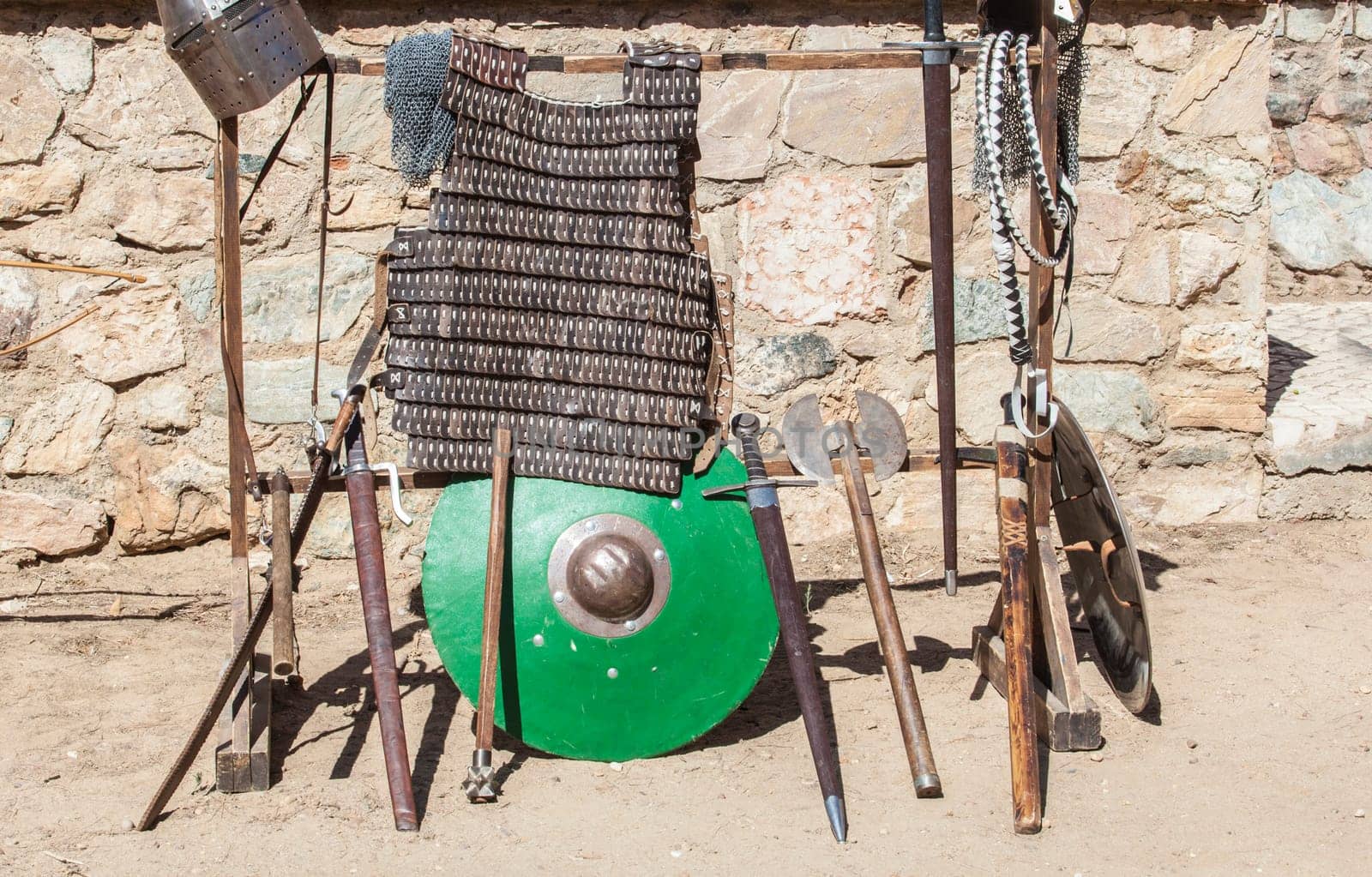 Reconquest warrior equipment. Displayed on stand outdoors