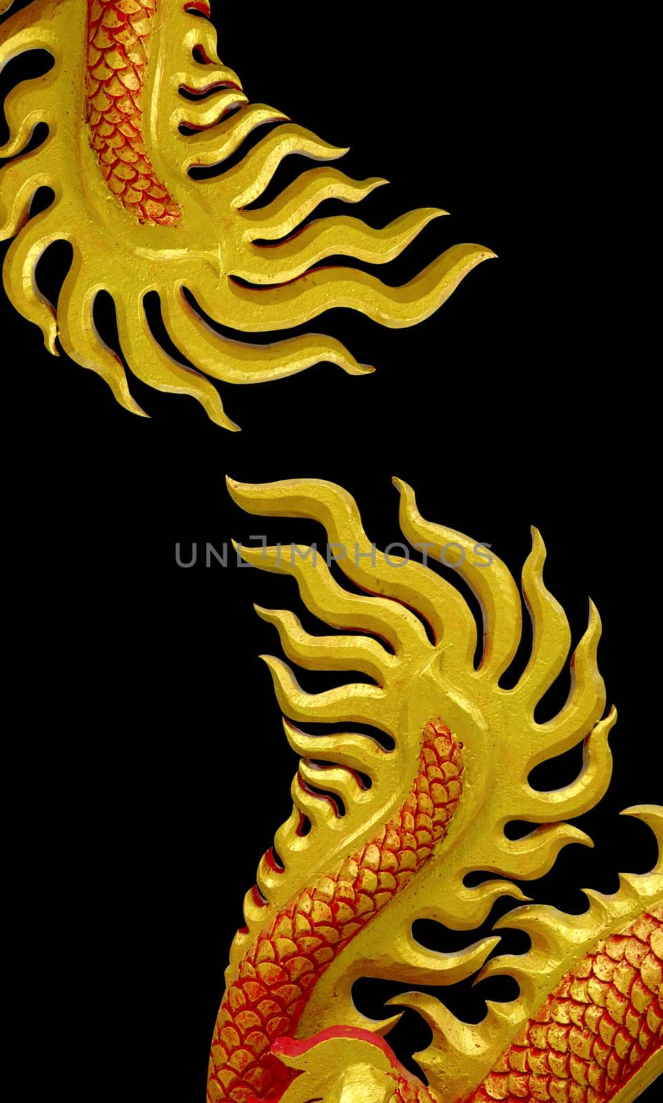 golden and red Chinese dragon on black background