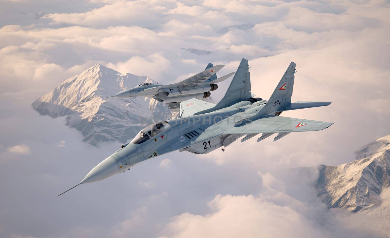 Military fighter aircraft Mig 29, flying above the clouds. Two airplanes. 3d illustration.