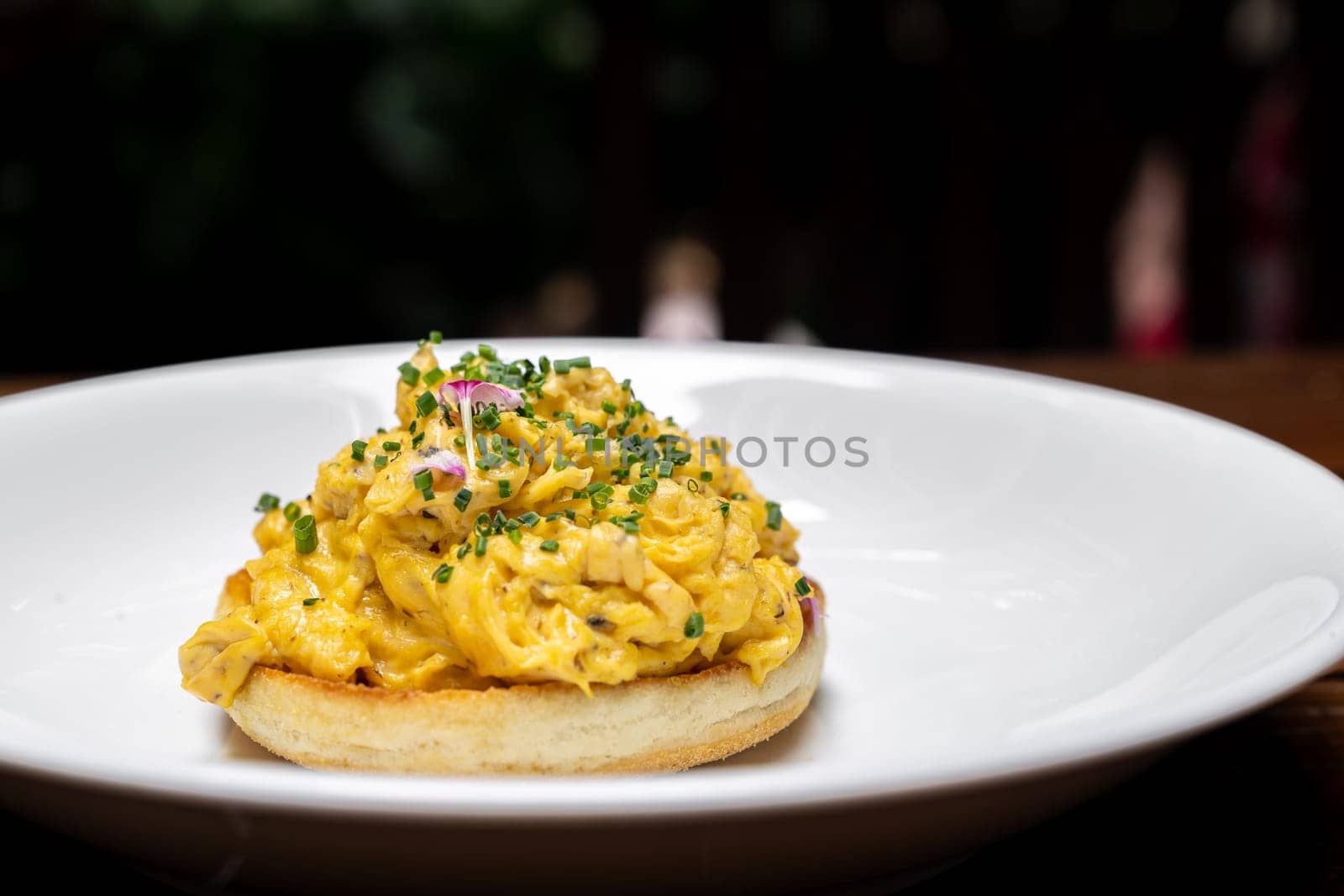 Scramble Egg with Truffle mushroom oil, international gourmet cuisine traditional breakfast of europe. Restaurant gastronomy food and drink consumerism concept.