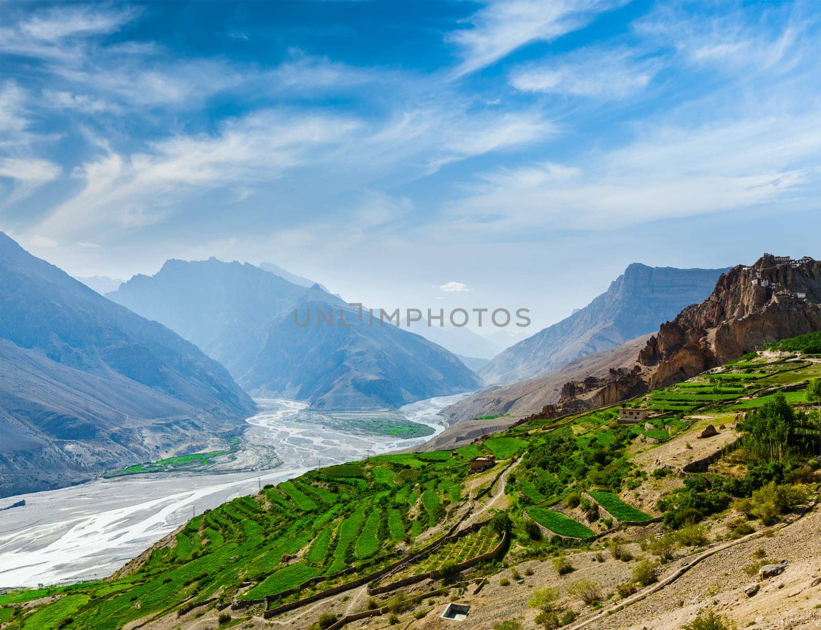 View of Spiti valley and Spiti river in Himalayas. Spiti valley, Himachal Pradesh, India