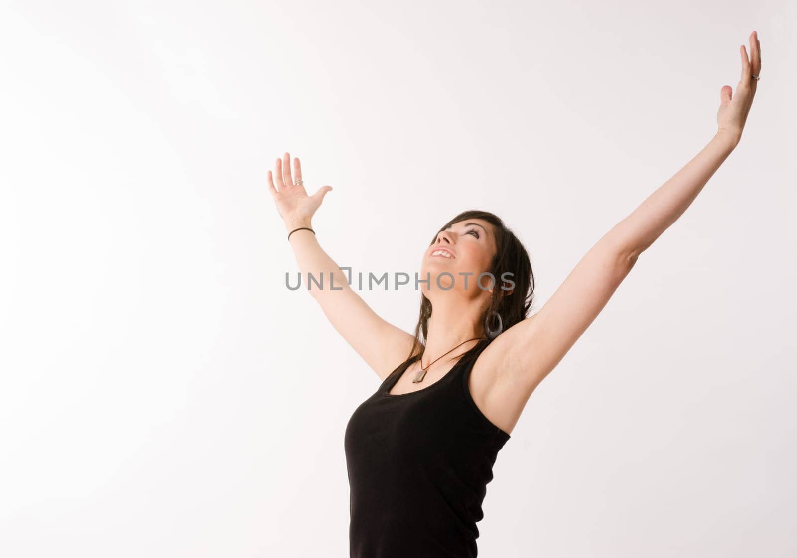 A colorful representation of woman reaching up excited and happy