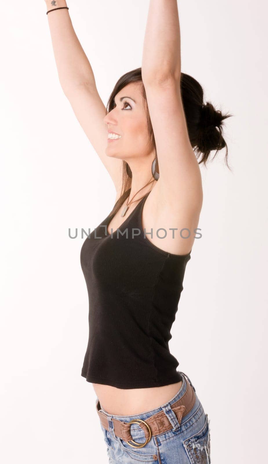 A colorful representation of woman reaching up excited and happy